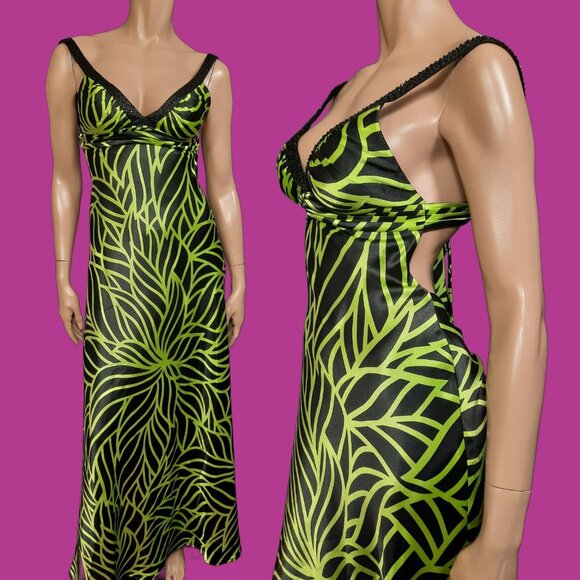 Y2K McBling Satin Maxi Dress Party Cocktail Womens S Black Lime Green Sleeveless - Picture 1 of 10
